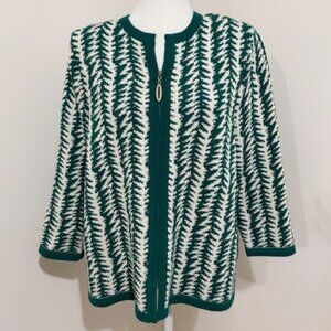The Michael Collection Green & Cream Knit Zip Front Cardigan Sweater Size XL